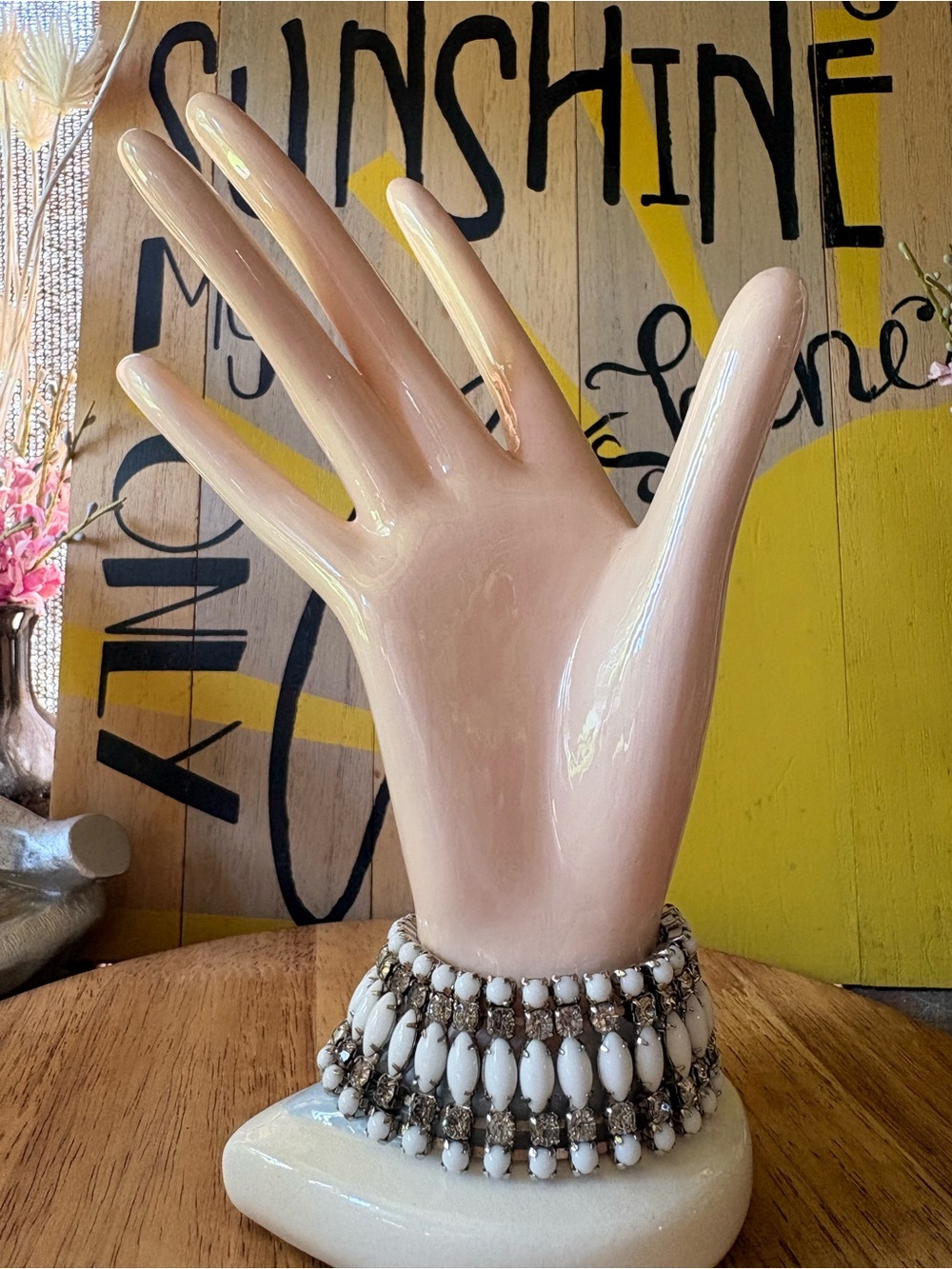 1950s-1960s milk glass and rhinestone expansion (stretch) bracelet.